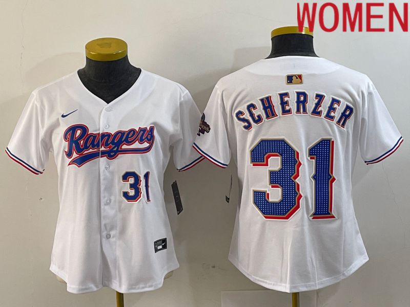 Women Texas Rangers #31 Scherzer White Champion Game Nike 2024 MLB Jersey style 2